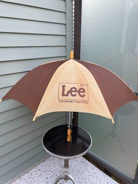 Vtg Lee Advertising Umbrella Brown Tan Wood Handle 38" Display Prop